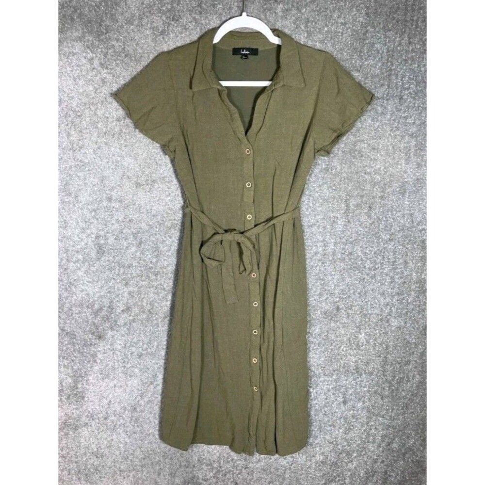 Lulus Linen Blend Button Up Dress M Beachy Casual Olive Green Belted Collared